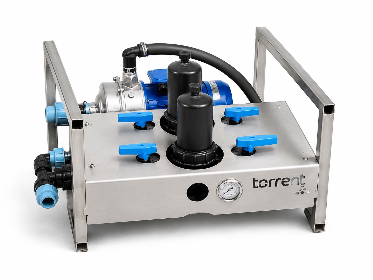 Product render of the new stainless-steel Torrent pump station with four blue valve handles, twin black filters, rear motor and front pressure gauge